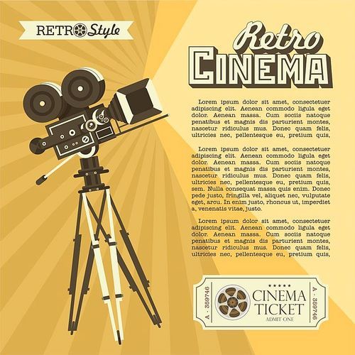 Vintage film camera. Poster in vintage style with place for text. Retro cinema. Design vintage cinema tickets.