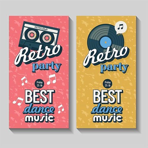 Vector set of flyers, posters. Retro party. The best dance music. Vintage emblem with a tape cassette and vinyl record.