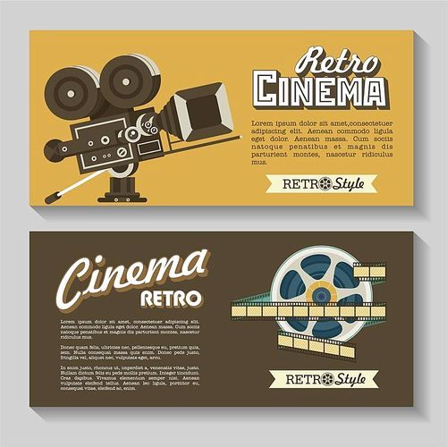 Set of vector banners, flyers. Retro cinema. Vintage movie camera and film reel, vector logos.