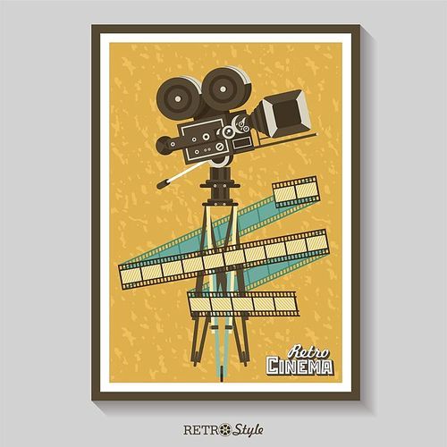 Vintage film camera. Vector poster retro movie theater with place for text. Vintage film reel.
