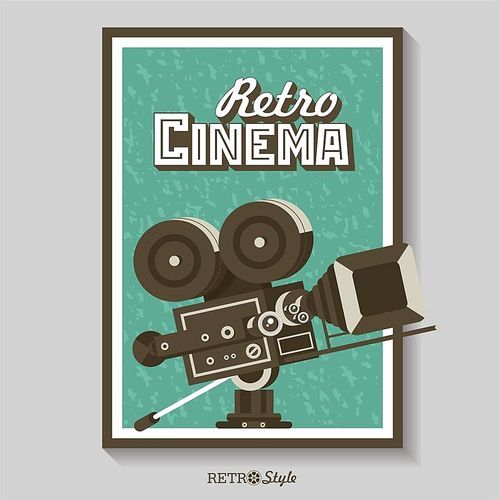 Vintage film camera. Vector poster retro movie theater. Vector illustration.