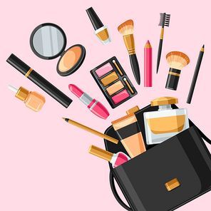 Cosmetics for skincare and makeup out of bag. Background for catalog or advertising.