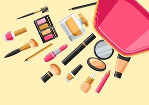 Cosmetics for skincare and makeup out of bag. Background for catalog or advertising.
