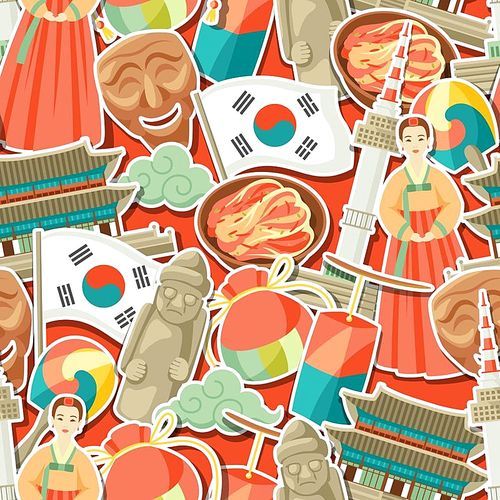 Korea seamless pattern. Korean traditional sticker symbols and objects.