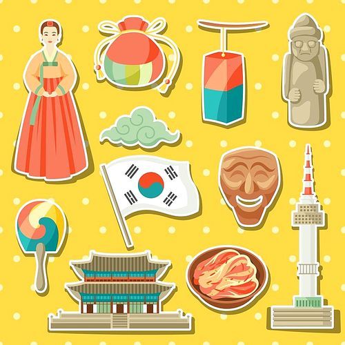 Korea icons set. Korean traditional sticker symbols and objects.