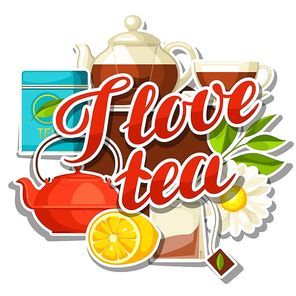I love tea. Background with tea and accessories, packs and kettles.
