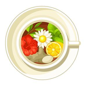 Illustration of ceramic cup with different tastes and ingredients.
