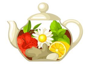 Illustration of glass teapot with different tastes and ingredients.
