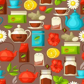 Seamless pattern with tea and accessories, packs and kettles.
