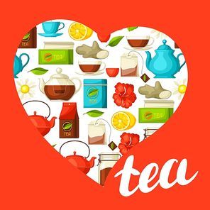 I love tea. Background with tea and accessories, packs and kettles.