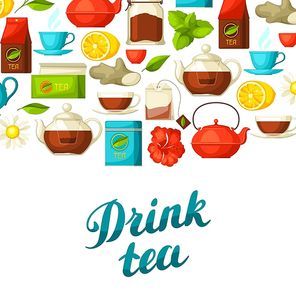 Background with tea and accessories, packs and kettles.
