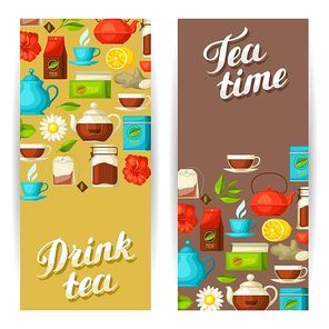 Banners with tea and accessories, packs and kettles.