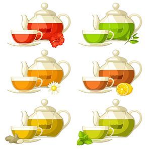 Types of tea. Set of glass cups and kettles with different tastes and ingredients.