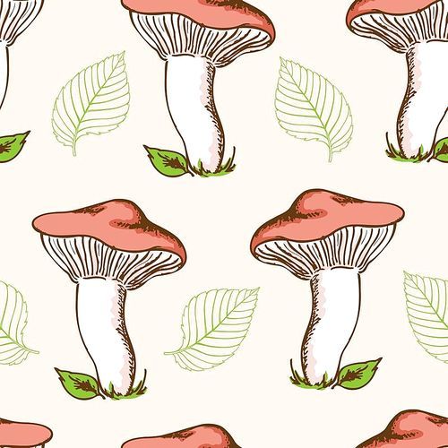 Vintage hand drawn seamless pattern with forest mushrooms and falling leaves