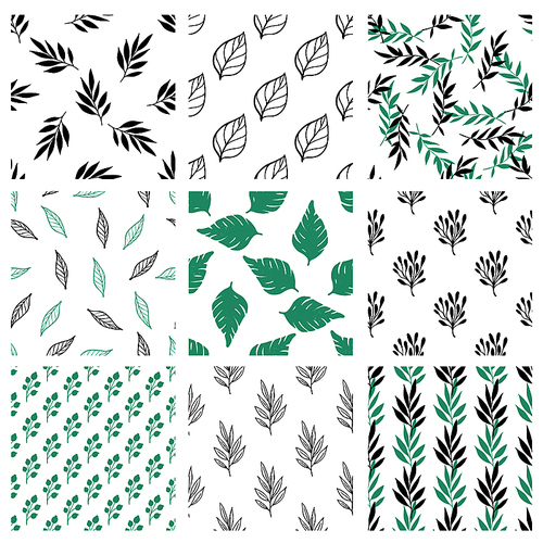 Set of hand drawn abstract floral seamless patterns with flowers and leaves