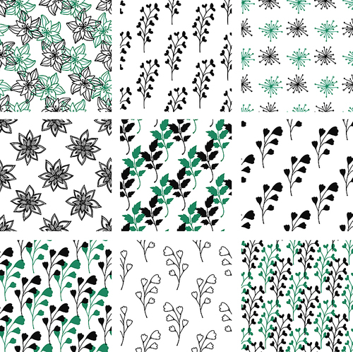 Set of hand drawn abstract floral seamless patterns with flowers and leaves