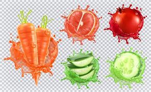 Aloe juice, carrots, grapefruit, pomegranate, cucumber. Health and care. 3d vector icon set
