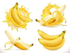 Banana juice. Fresh fruit and splash, 3d realistic vector icon