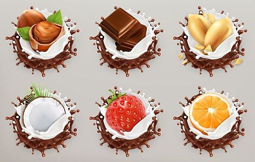 Fruit, berries and nuts. Milk and chocolate splashes, ice cream. 3d vector icon set