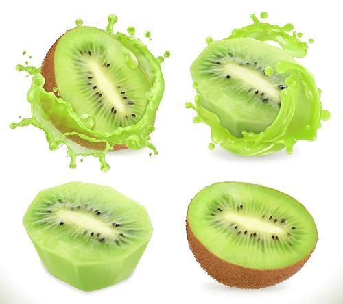 Kiwi fruit juice. Fresh fruits and splash, 3d realistic vector icon