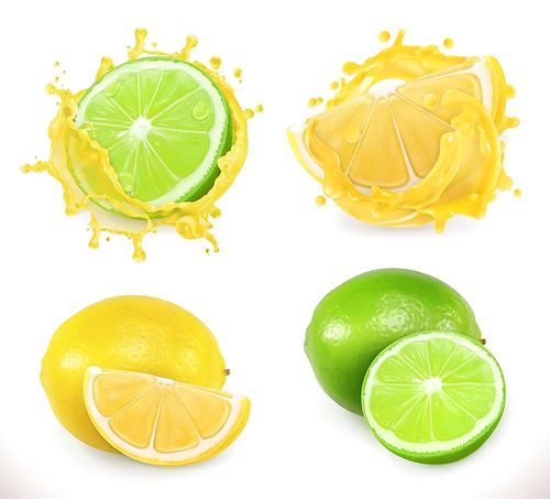 Lemon and lime juice. Fresh fruit, 3d vector icon