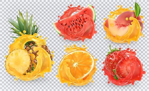 Strawberry, pineapple, orange, watermelon, peach juice. Fresh fruits and splashes, 3d vector icon set