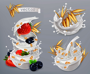 Oatmeal. Oat grains, strawberry, blueberry and milk splashes. 3d realistic vector icon set