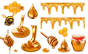 Honey, bee, honeycomb, drop, seamless pattern. Set 3d vector elements. Package design