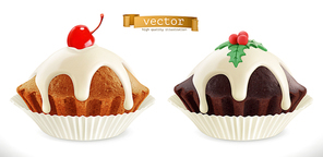 Chocolate christmas cupcake, fairy cake with cherry. 3d realistic vector icon