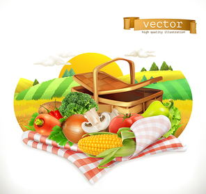 Farm and harvest, realistic vegetables. Corn, tomato, onions, pepper, carrot, lettuce, parsley. Isolated 3d vector icon