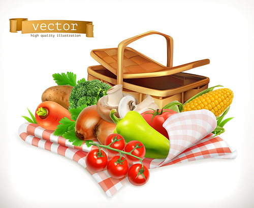 Farm and harvest, realistic vegetables. Tomato, onions, pepper, carrot and corn. Isolated 3d vector icon