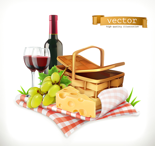Time for a picnic, nature, outdoor recreation, a tablecloth and picnic basket, wine glasses, cheese and grapes, vector illustration