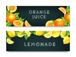 Orange juice lemonade 2 blackboard horizontal advertisement banners set with realistic citrus fruits border isolated vector illustration