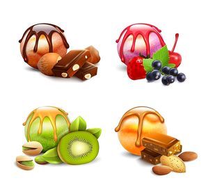 Set of isolated ice cream scoop assortment images with jam berries chocolate kiwi and nuts toppings vector illustration