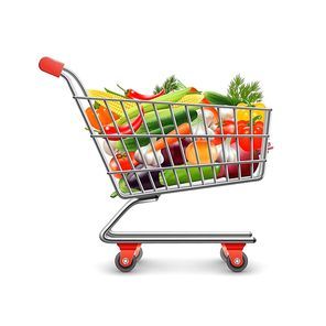 Vegetables shopping realistic concept with shopping cart and goods vector illustration