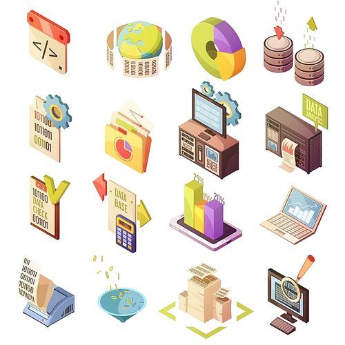 Set of isometric elements with data check search and analysis charts and software isolated vector illustration