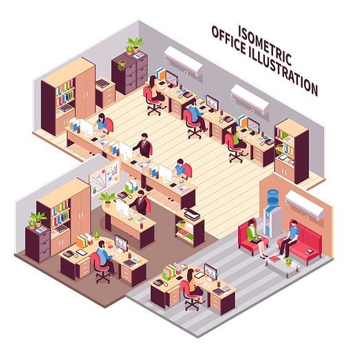Isometric style composition with three office rooms environment workplaces with furniture machinery clients and employees images vector illustration