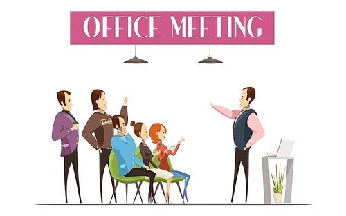 Office meeting design including boss with laptop and coffee employees and interior elements cartoon style vector illustration