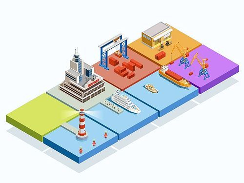 Maritime logistic isometric concept with ships lighthouse port crane containers warehouse tug passengers vector illustration
