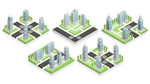 City houses isometric composition with buildings and road isolated vector illustration
