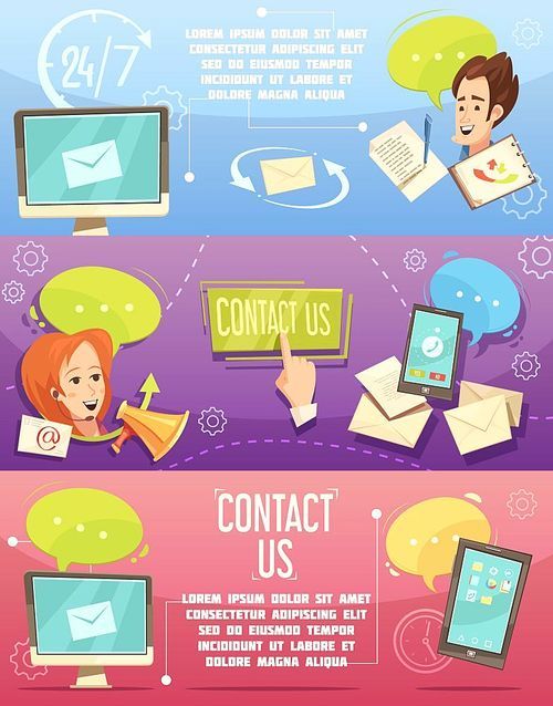 Contact us retro cartoon banners set with customer service 24h email call center isolated vector illustration