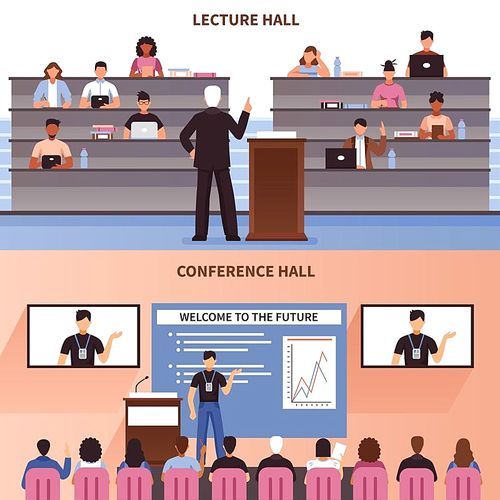 Two horizontal lecture and conference hall banner set with welcome to the future description vector illustration