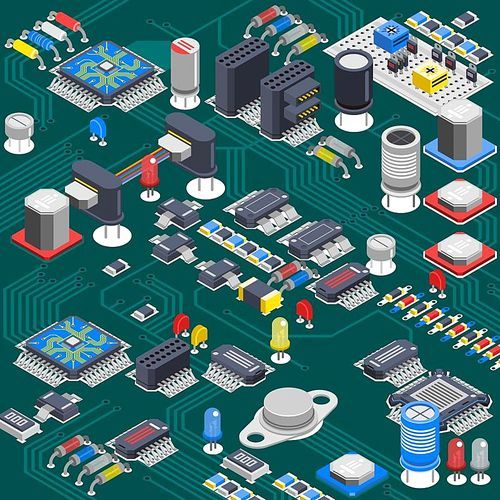 Semiconductor electronic circuit board isometric background with electrolytic capacitors processors and various microcomponents installed on backboard vector illustration