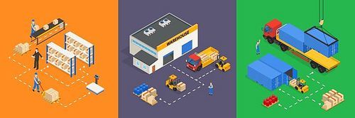 Three square colored compositions on warehouse theme with trucks goods shelves and workers in isometric design vector Illustration