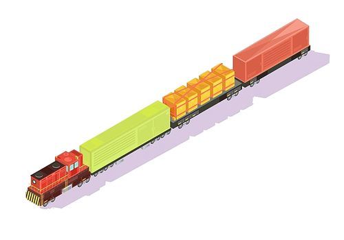 Trains isometric set of freight train with goods and cattle cars on blank background with shadows vector illustration