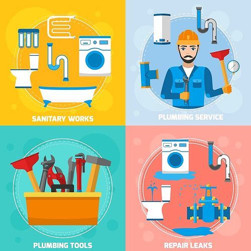 Plumber 2x2 composition with flat images of sanitary technician character tubes repair leaks and plumbing tools vector illustration