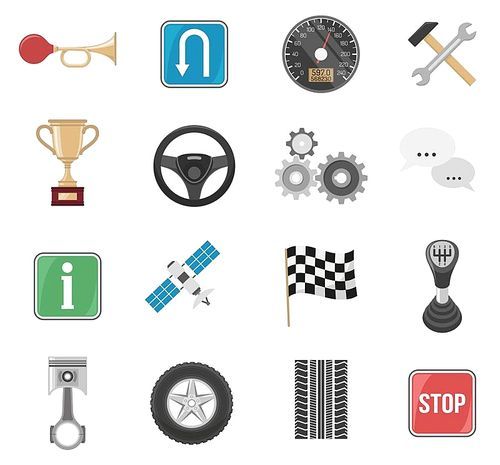 Auto set of sixteen isolated images of spare car parts traffic signs pictograms and navigation satellite vector illustration
