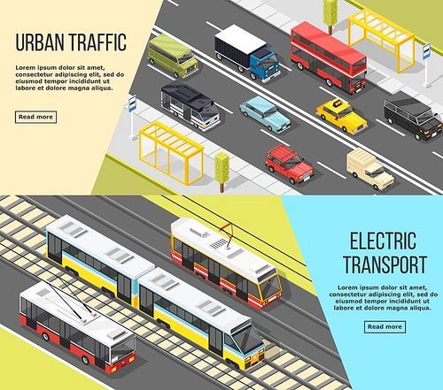 Set of two horizontal transport banners with isometric images of electric transport and urban traffic vehicles vector illustration