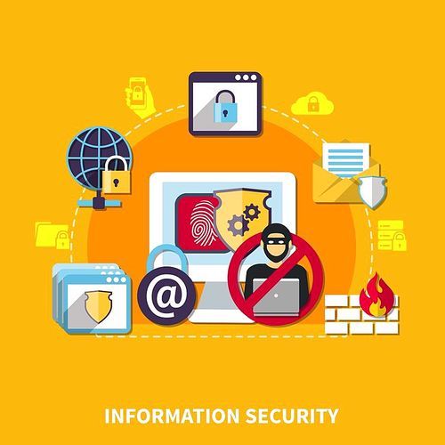 Information security concept with protection symbols on yellow background flat vector illustration