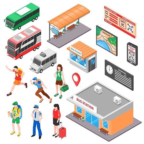 Bus terminal isometric set with tourists ticket office and platform vehicles route and timetable isolated vector illustration